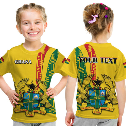Custom Ghana T-Shirt Ghanan Coat Of Arms Mix Kente Pattern Graphic Tee