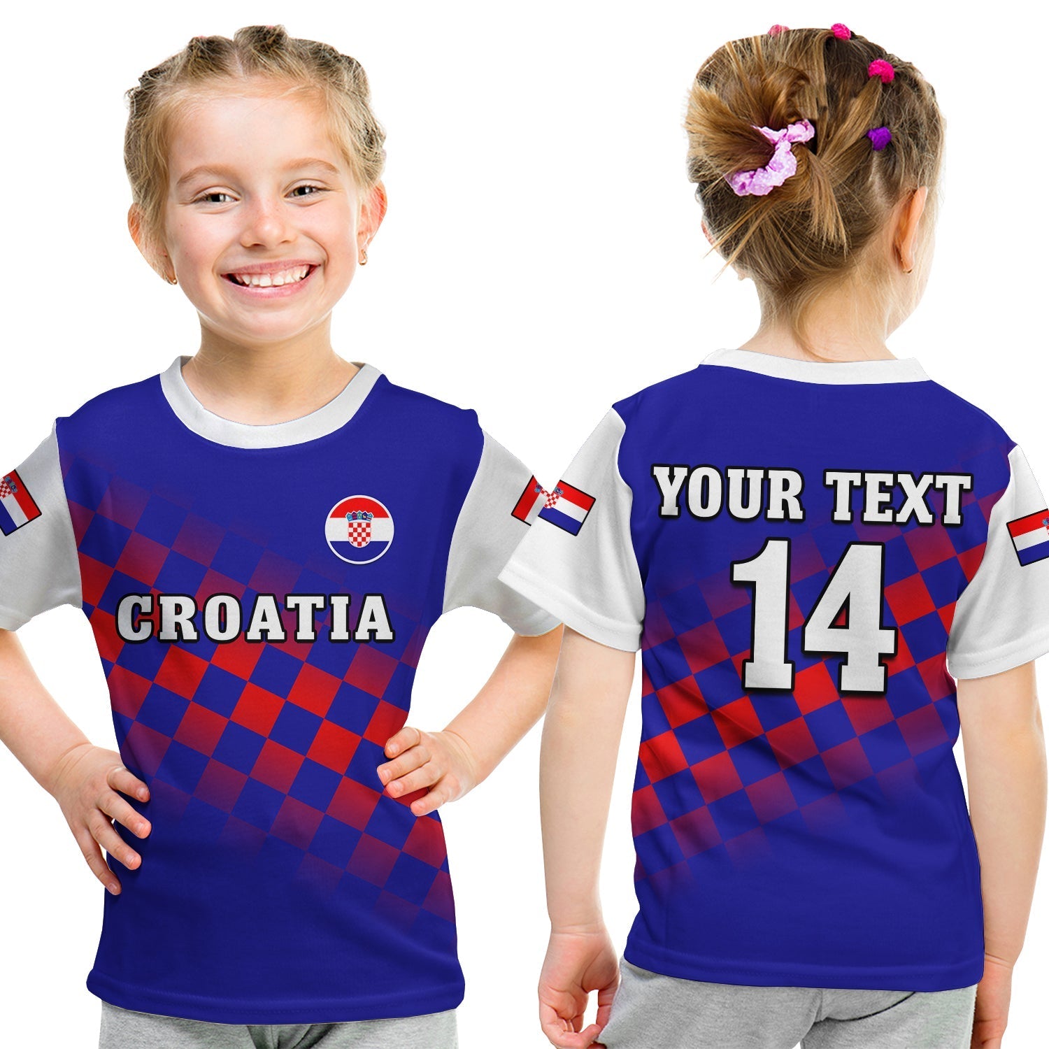 Custom Croatia Football T-Shirt Hrvatska Checkerboard Blue Version Graphic Tee