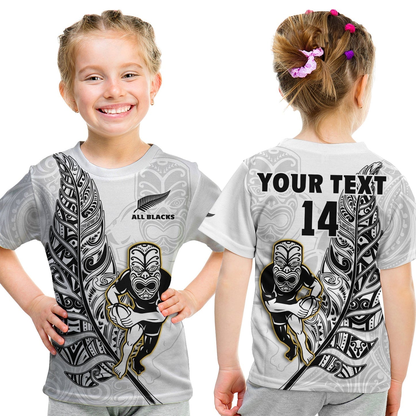 Custom Text And Number New Zealand 2022 Rugby T-Shirt All Black Silver Fern Maori Pattern Version White Graphic Tee