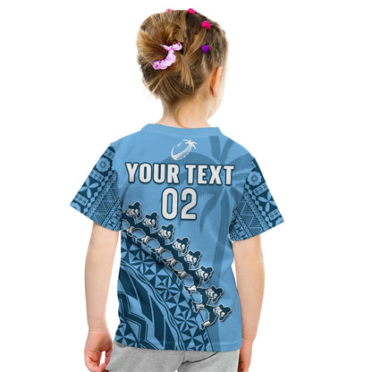 Custom Text And Number Fiji Tapa Rugby T-Shirt Fijian Cibi Dance Tapa Pattern Blue Graphic Tee