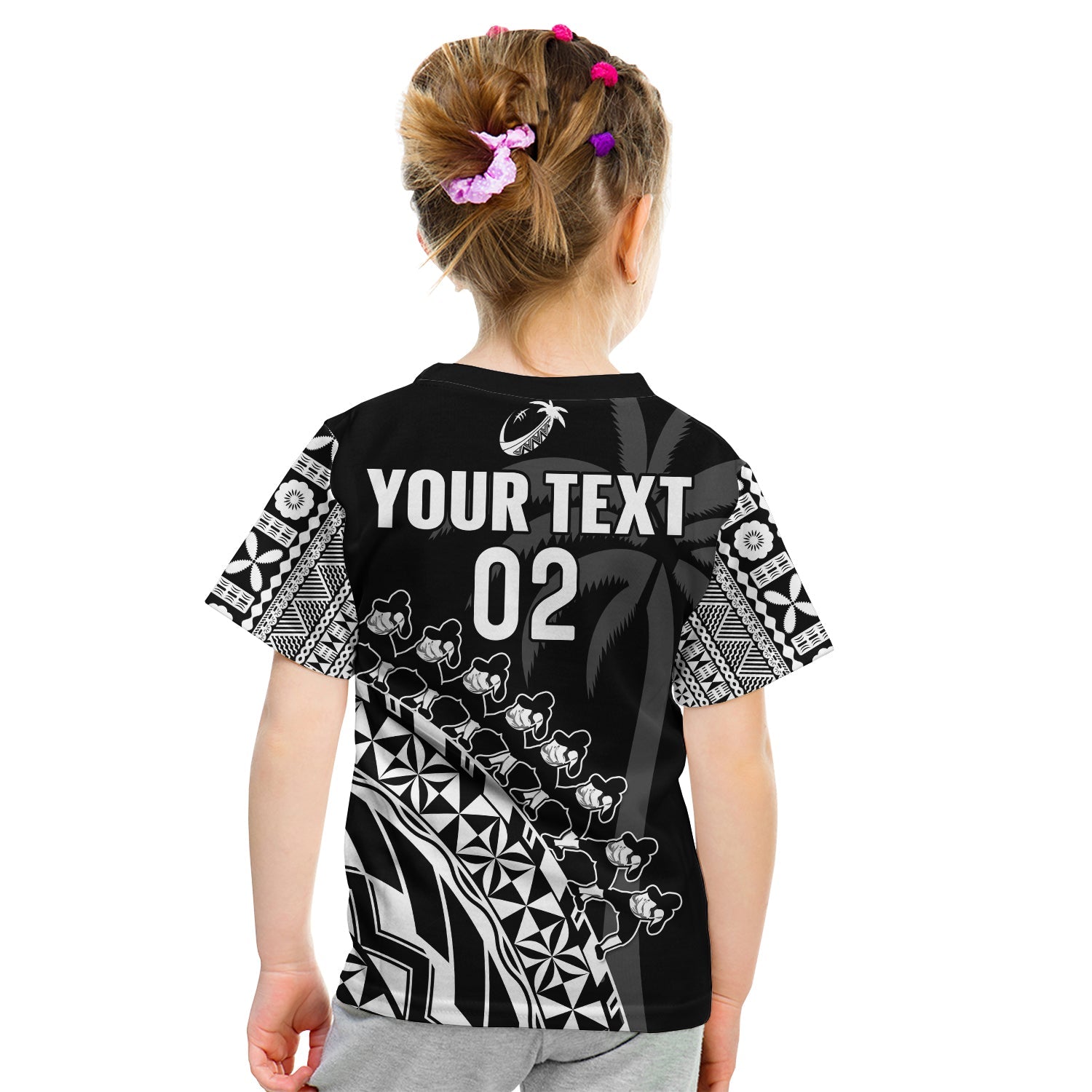 Custom Text And Number Fiji Rugby T-Shirt Fijian Cibi Dance Tapa Pattern Black Graphic Tee
