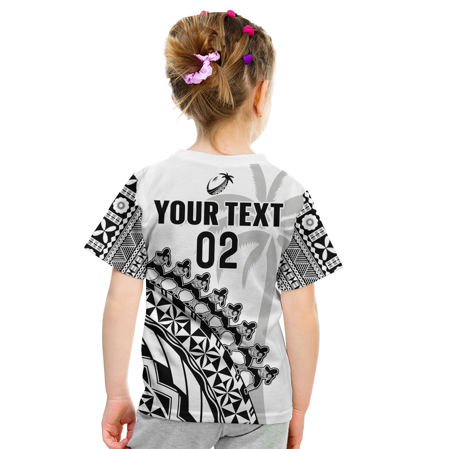 Custom Text And Number Fiji Rugby T-Shirt Fijian Cibi Dance Tapa Pattern White Graphic Tee