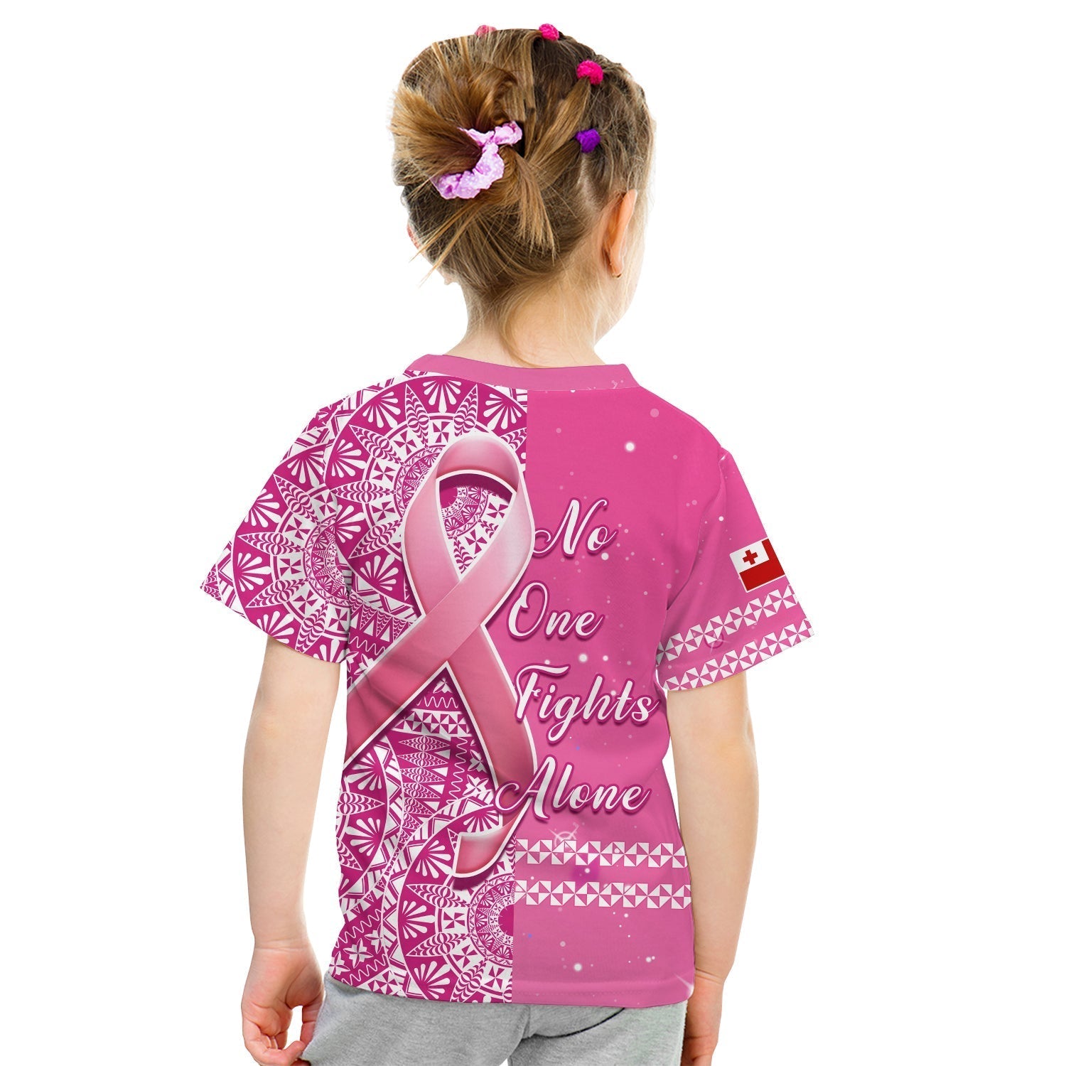 Tonga Breast Cancer T-Shirt Tongan Ngatu Pattern No One Fights Alone Graphic Tee