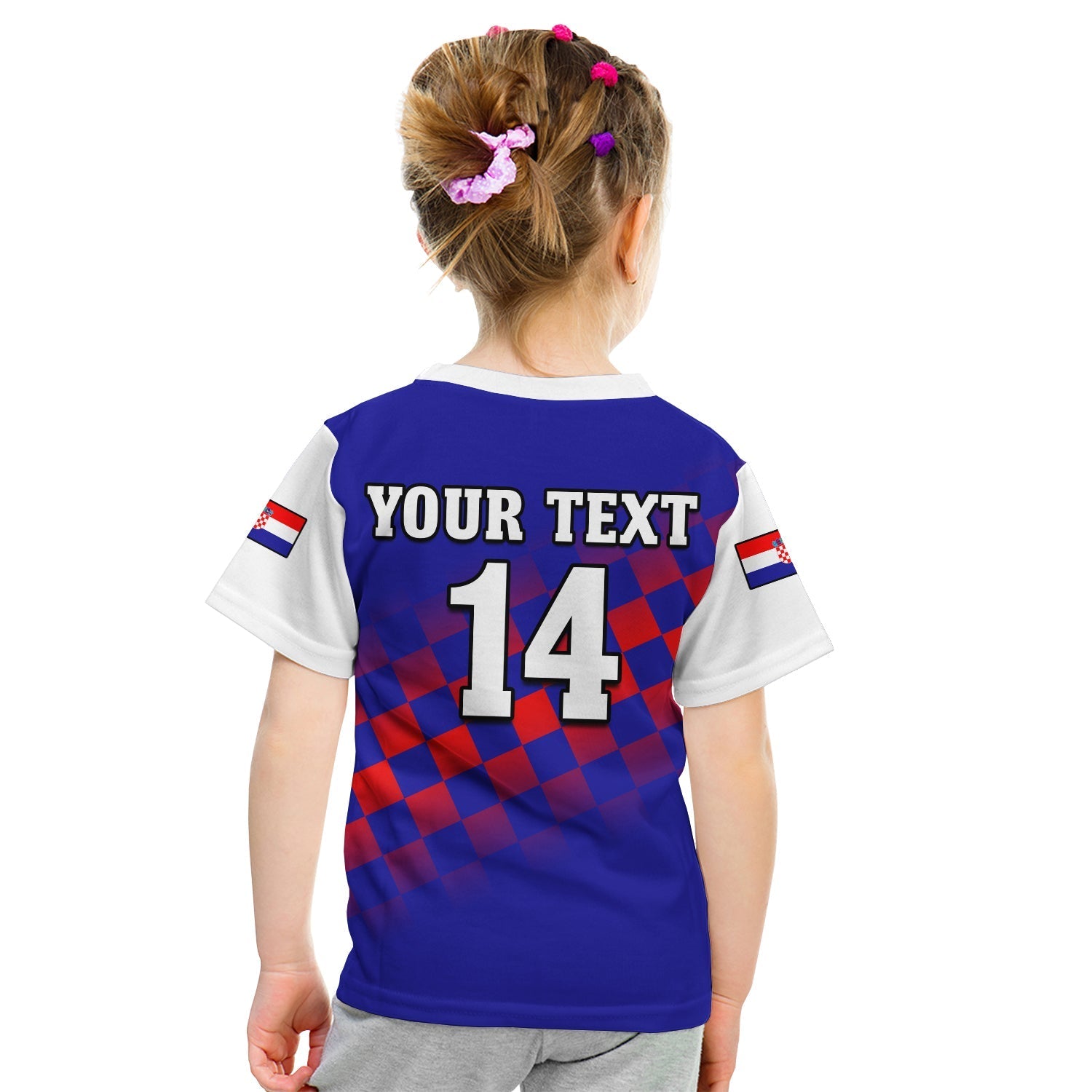 Custom Croatia Football T-Shirt Hrvatska Checkerboard Blue Version Graphic Tee