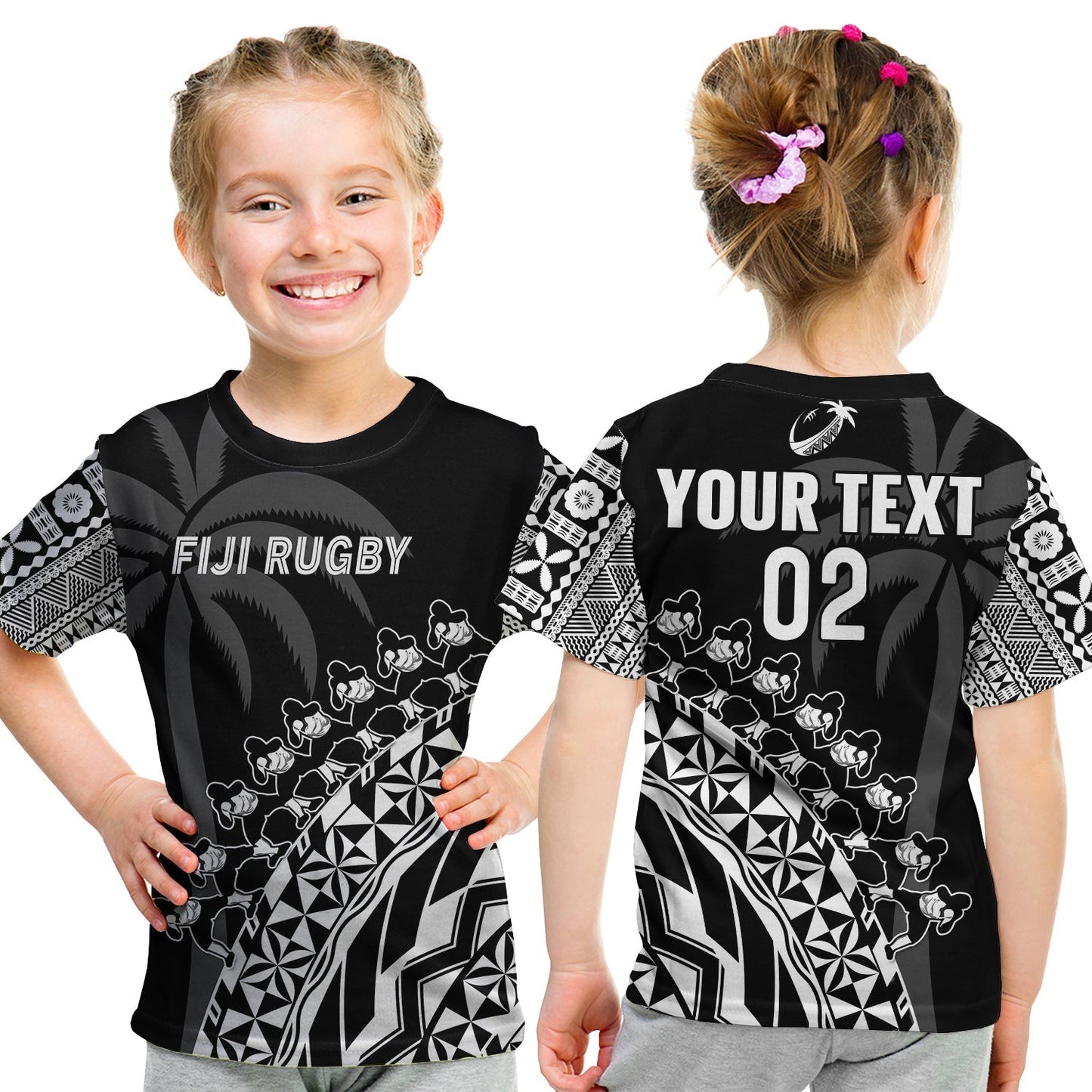 Custom Text And Number Fiji Rugby T-Shirt Fijian Cibi Dance Tapa Pattern Black Graphic Tee