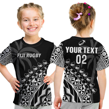 Custom Text And Number Fiji Rugby T-Shirt Fijian Cibi Dance Tapa Pattern Black Graphic Tee