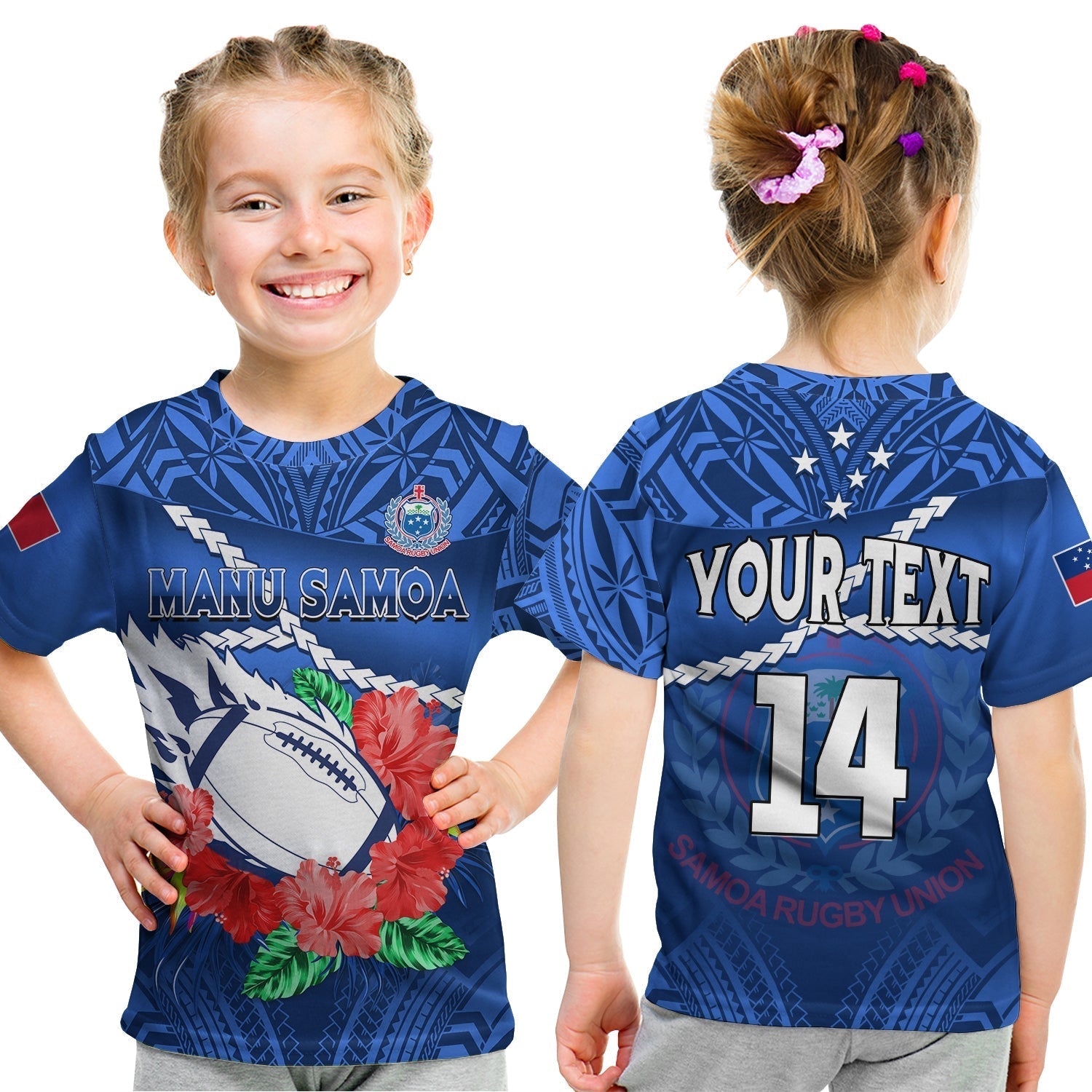 Custom Samoa Rugby T-Shirt Manu Samoa Polynesian Hibiscus Blue Style Graphic Tee