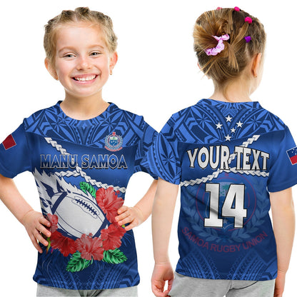 Custom Samoa Rugby T-Shirt Manu Samoa Polynesian Hibiscus Blue Style Graphic Tee