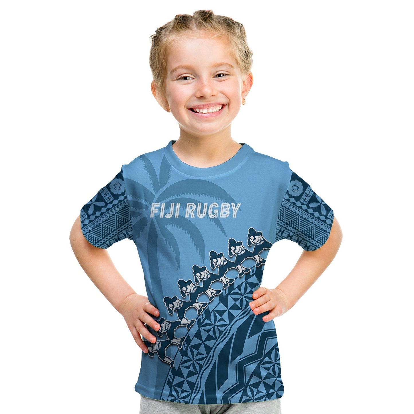 Custom Text And Number Fiji Tapa Rugby T-Shirt Fijian Cibi Dance Tapa Pattern Blue Graphic Tee