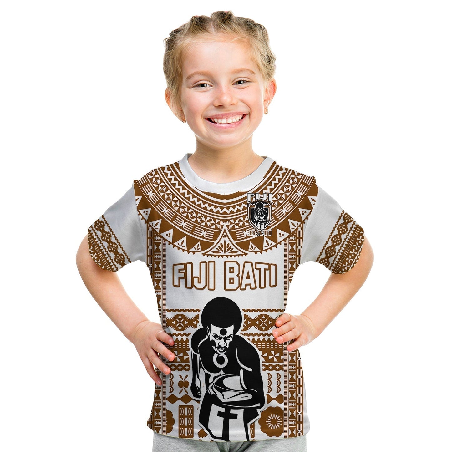 Custom Text And Number Fiji Rugby T-Shirt Pacific The Bati Brown Fijian Tapa Graphic Tee