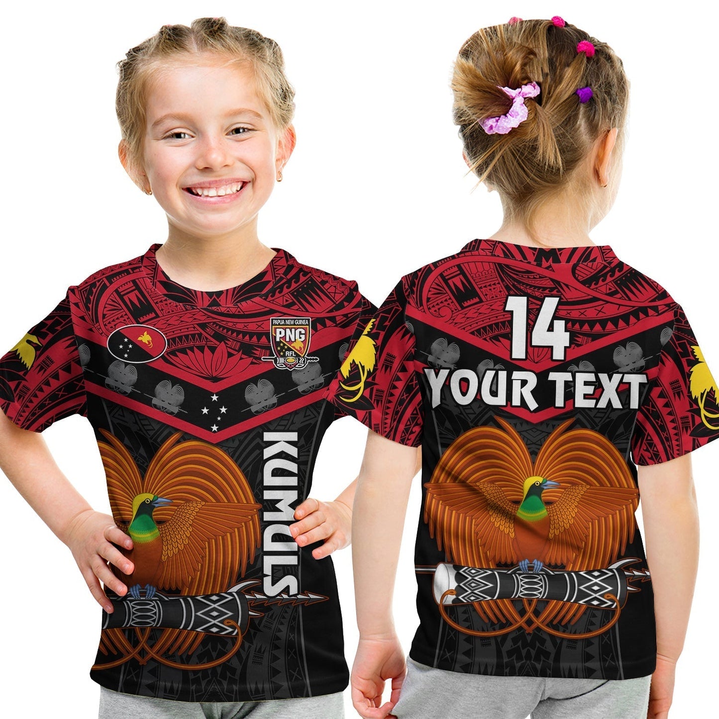 Custom Text And Number Papua New Guinea Rugby T-Shirt PNG Kumuls Bird Of Paradise Black Graphic Tee
