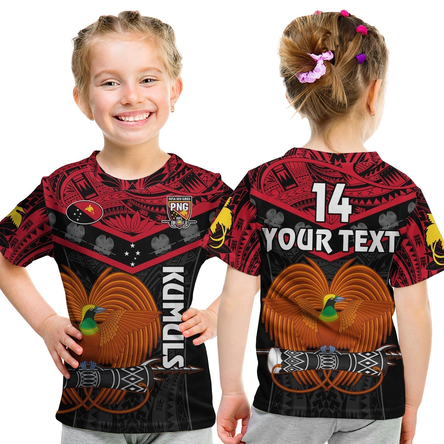 Custom Text And Number Papua New Guinea Rugby T-Shirt PNG Kumuls Bird Of Paradise Black Graphic Tee