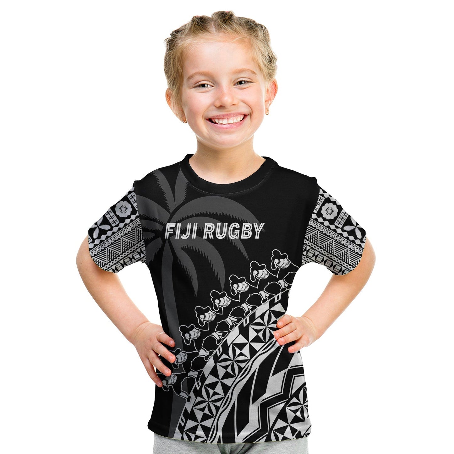Custom Text And Number Fiji Rugby T-Shirt Fijian Cibi Dance Tapa Pattern Black Graphic Tee