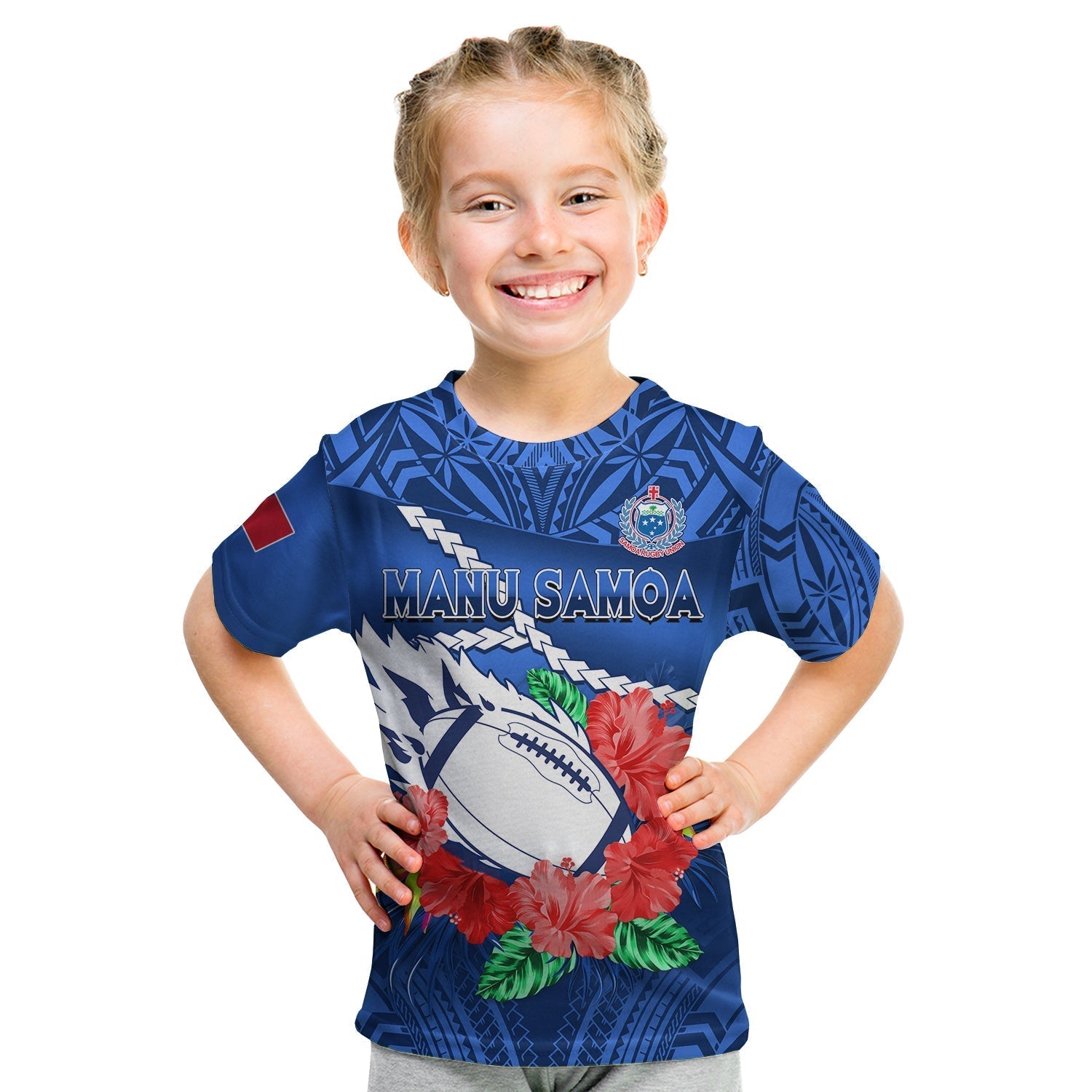Samoa Rugby T-Shirt Manu Samoa Polynesian Hibiscus Blue Style Graphic Tee