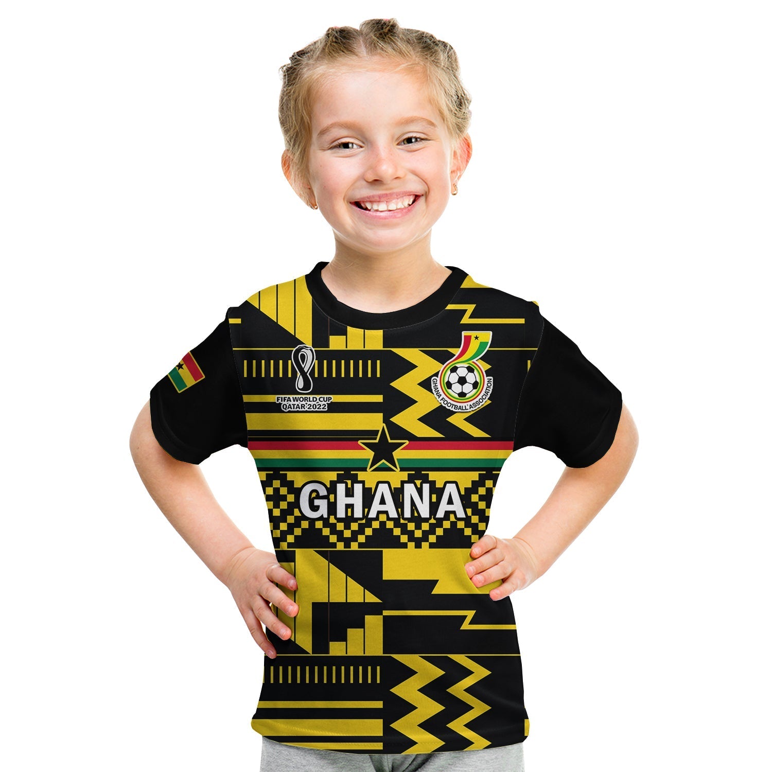 Ghana Football T-Shirt Black Stars Kente World Cup 2022 Yellow Graphic Tee