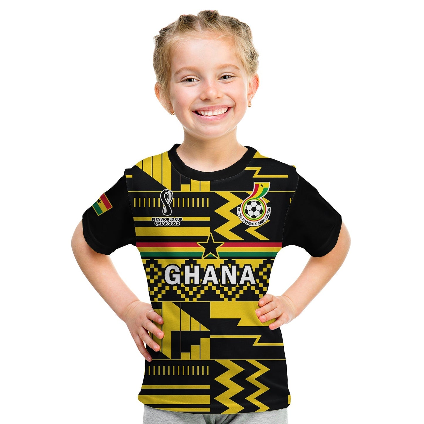 Custom Ghana Football T-Shirt Black Stars Kente World Cup 2022 Yellow Graphic Tee