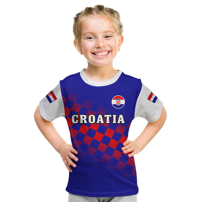 Custom Croatia Football T-Shirt Hrvatska Checkerboard Blue Version Graphic Tee