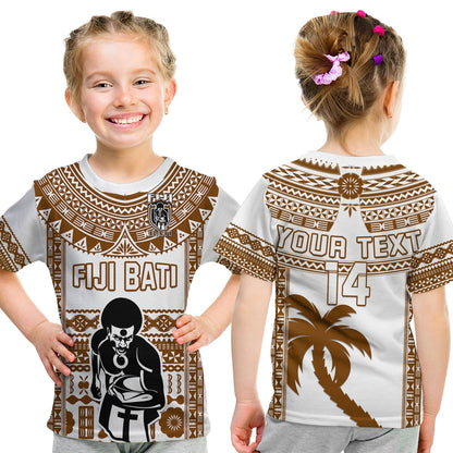 Custom Text And Number Fiji Rugby T-Shirt Pacific The Bati Brown Fijian Tapa Graphic Tee