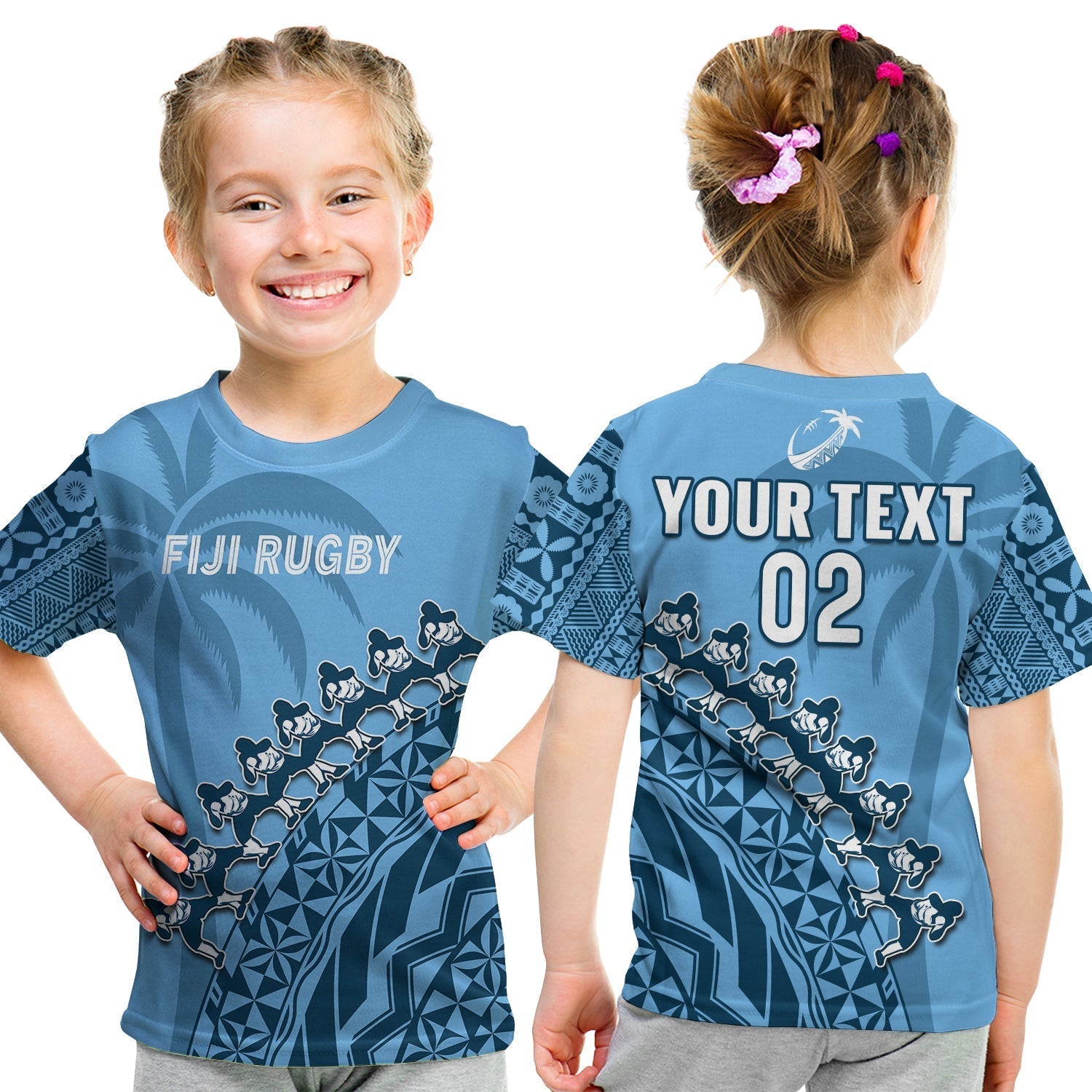 Custom Text And Number Fiji Tapa Rugby T-Shirt Fijian Cibi Dance Tapa Pattern Blue Graphic Tee