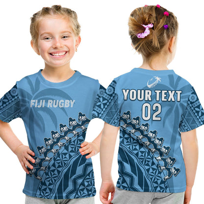Custom Text And Number Fiji Tapa Rugby T-Shirt Fijian Cibi Dance Tapa Pattern Blue Graphic Tee