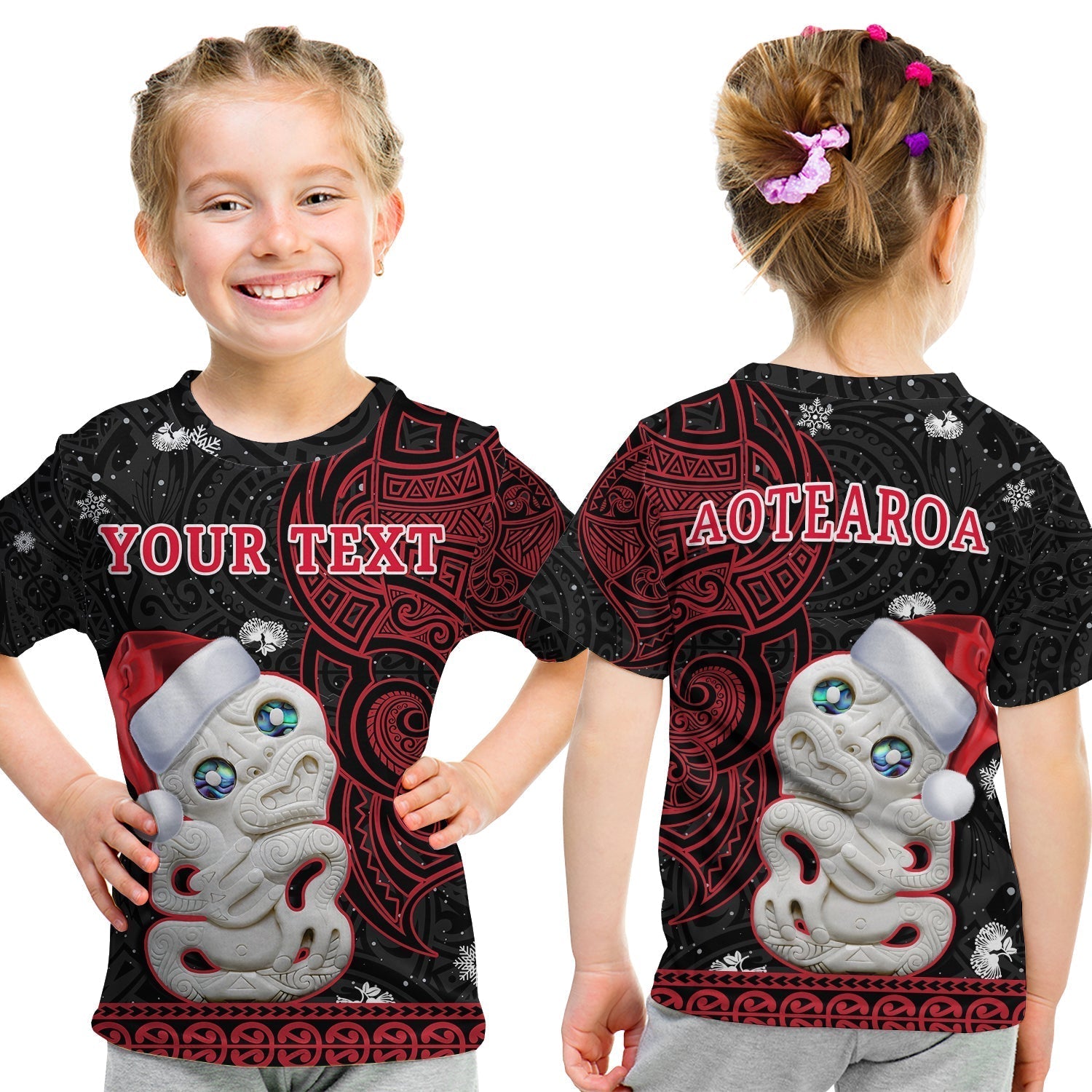 Custom New Zealand Christmas T-Shirt Hei Tiki Red Pohutukawa Meri Kirihimete Graphic Tee
