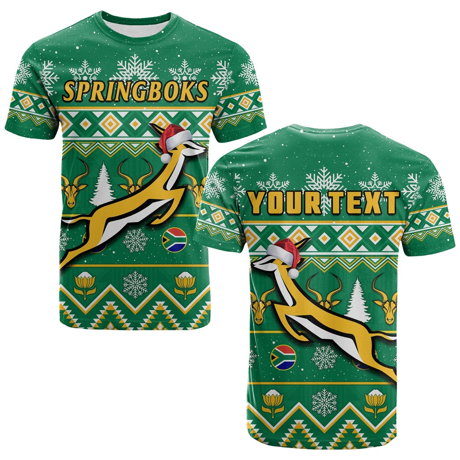 Custom South Africa Rugby Christmas T-Shirt Springboks Proud Geseende Kersfees Graphic Tee