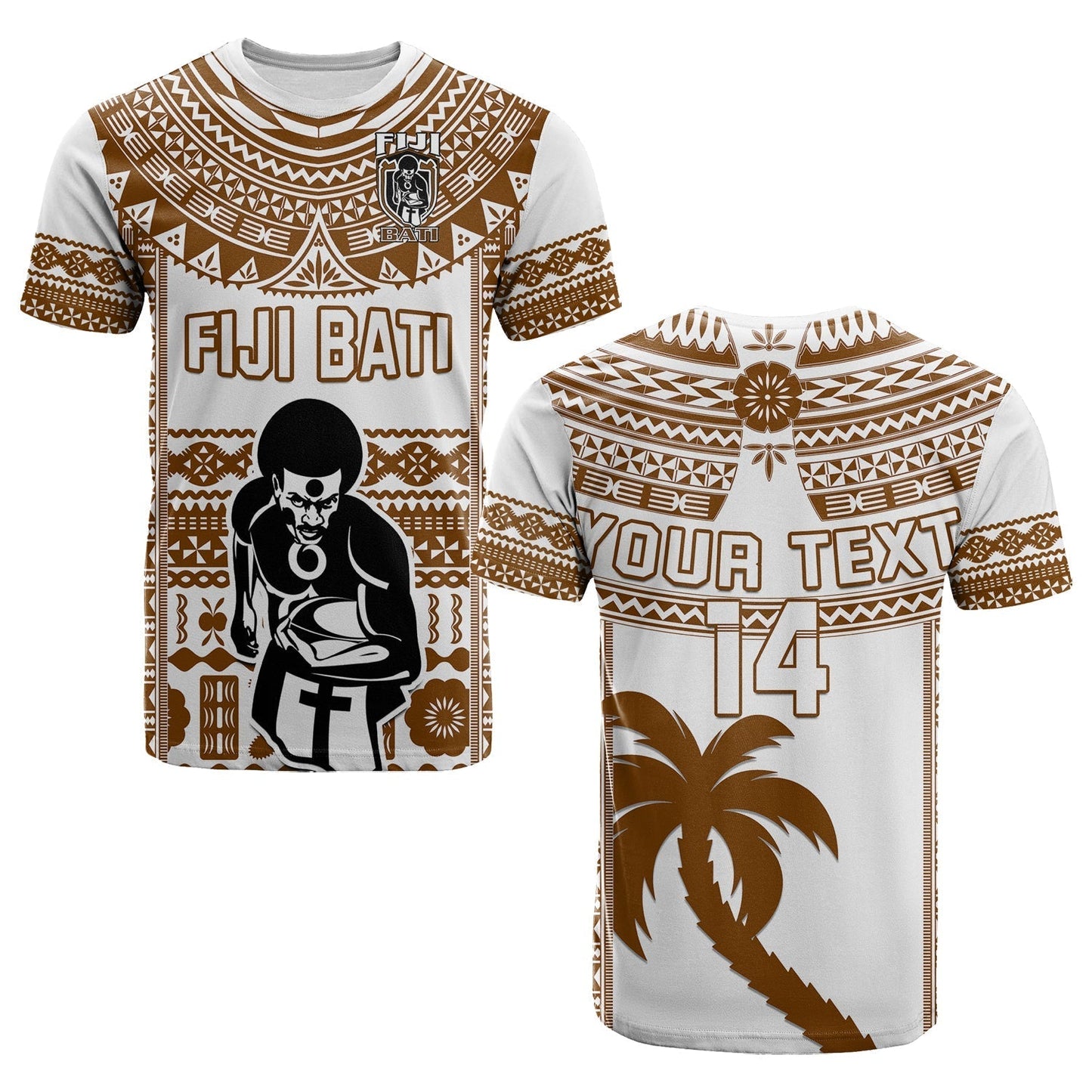 Custom Text And Number Fiji Rugby T-Shirt Pacific The Bati Brown Fijian Tapa Graphic Tee