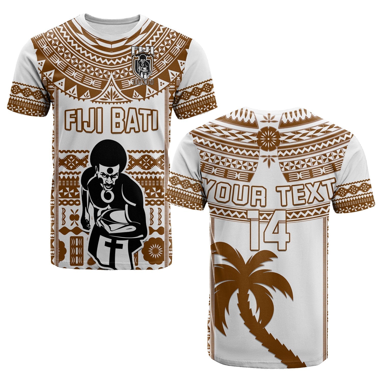 Custom Text And Number Fiji Rugby T-Shirt Pacific The Bati Brown Fijian Tapa Graphic Tee
