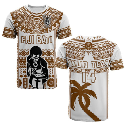 Custom Text And Number Fiji Rugby T-Shirt Pacific The Bati Brown Fijian Tapa Graphic Tee