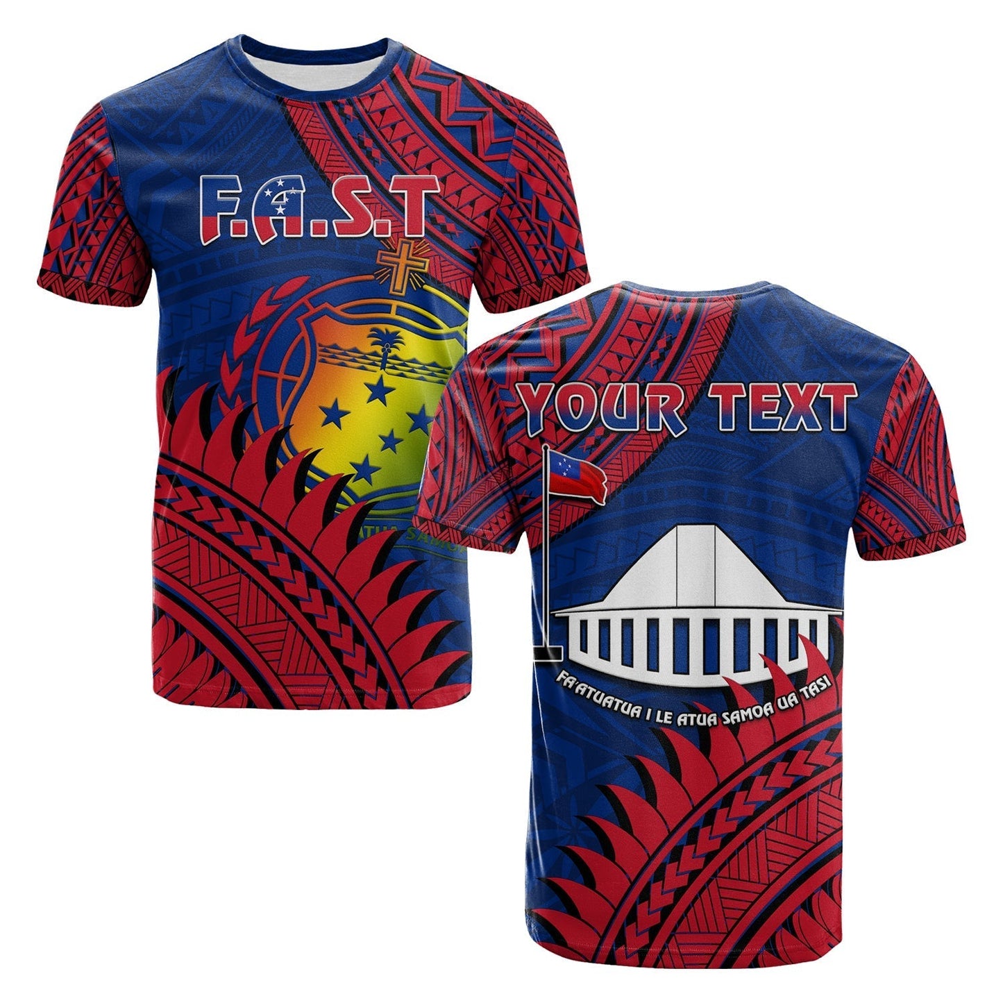 Custom F.A.S.T Samoa T-Shirt Samoan Coat Of Arms Polynesian Pattern Graphic Tee