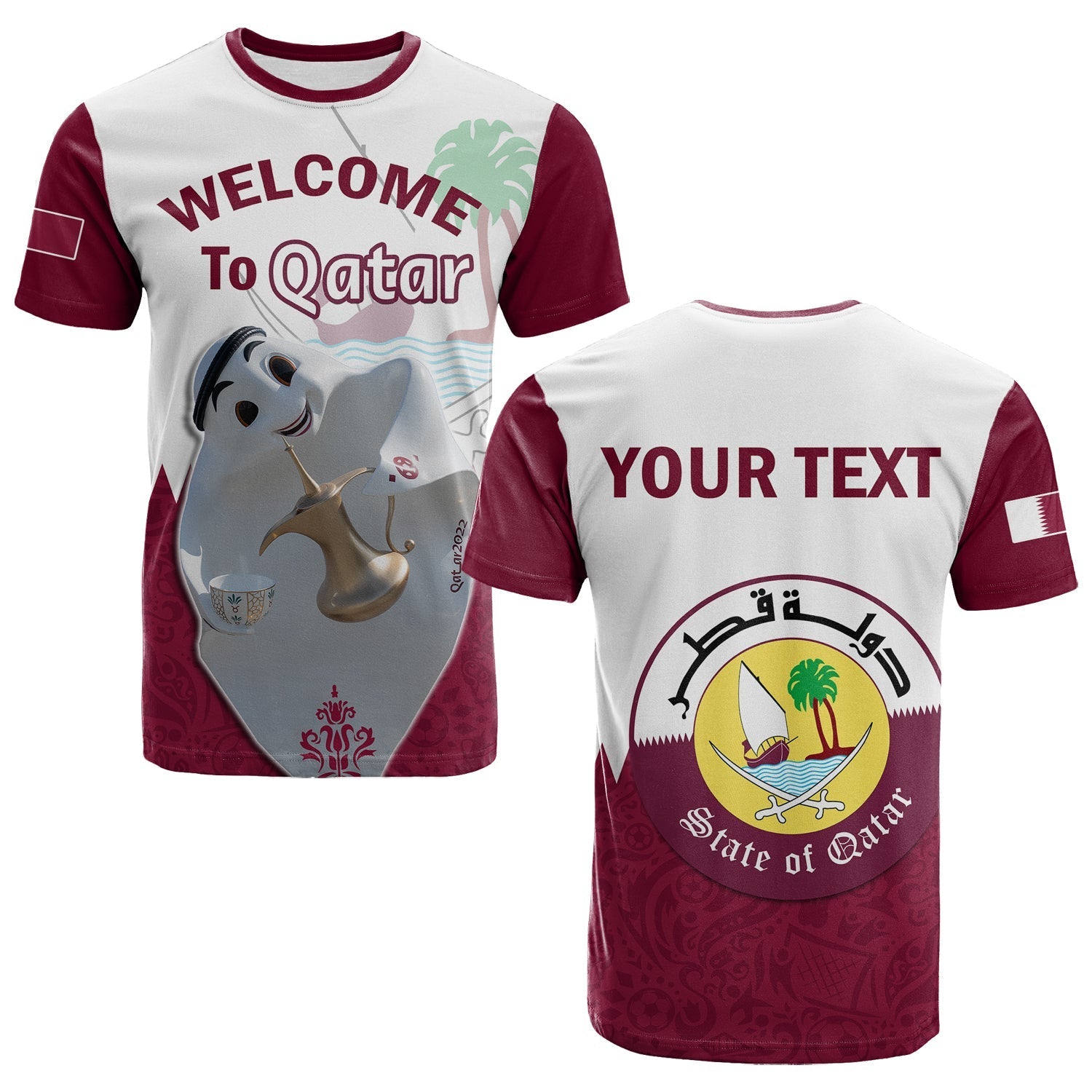 Custom Qatar T-Shirt Laeeb Mascot World Cup 2022 Welcome To Qatari Graphic Tee