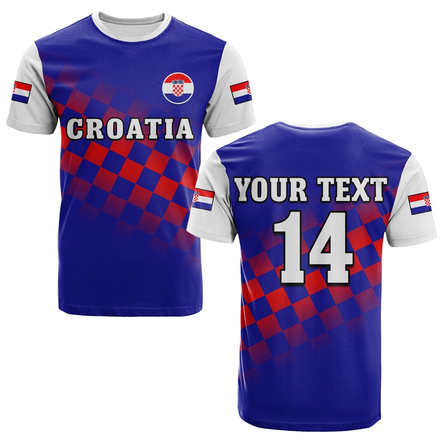 Custom Croatia Football T-Shirt Hrvatska Checkerboard Blue Version Graphic Tee
