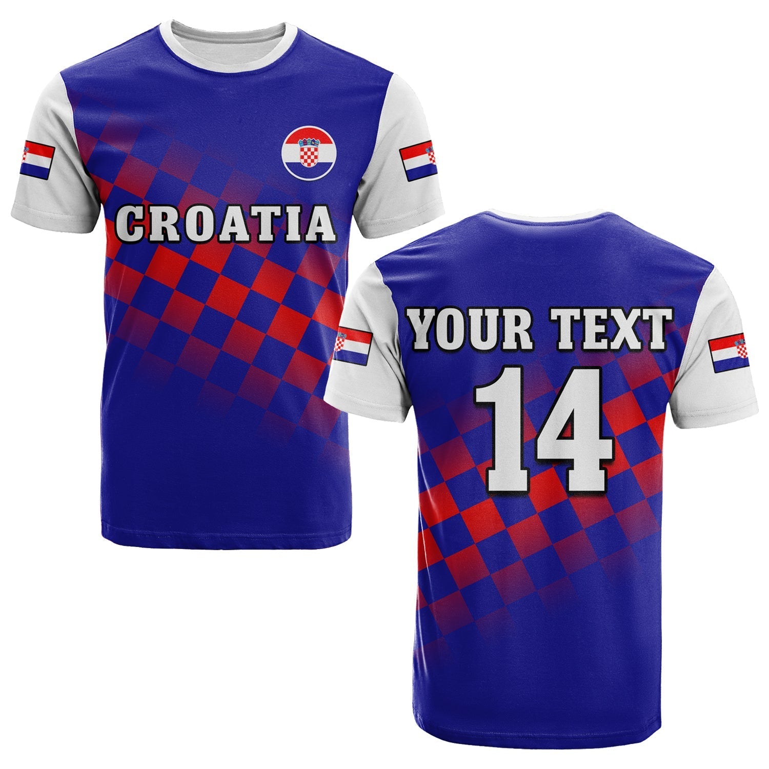 Custom Croatia Football T-Shirt Hrvatska Checkerboard Blue Version Graphic Tee