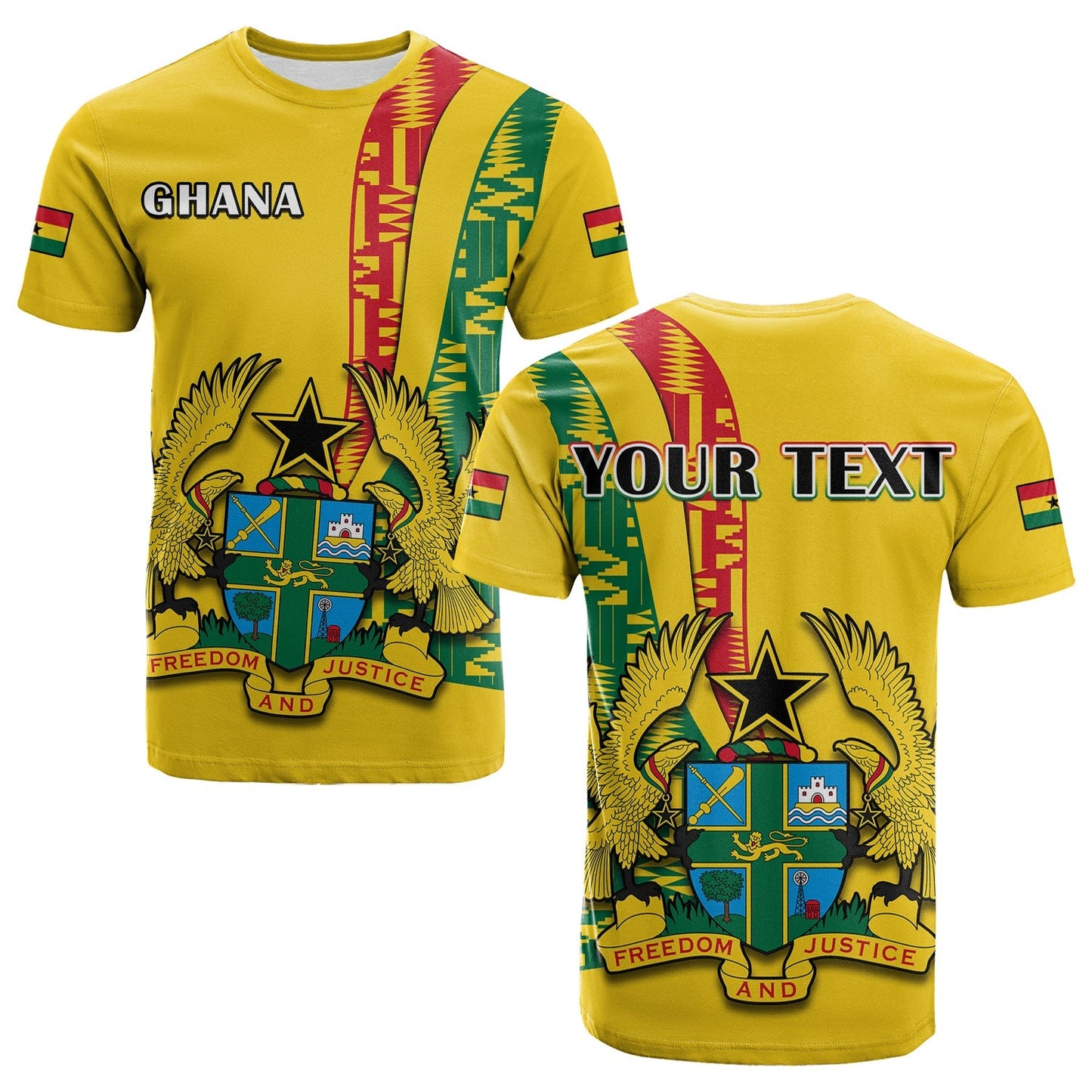 Custom Ghana T-Shirt Ghanan Coat Of Arms Mix Kente Pattern Graphic Tee