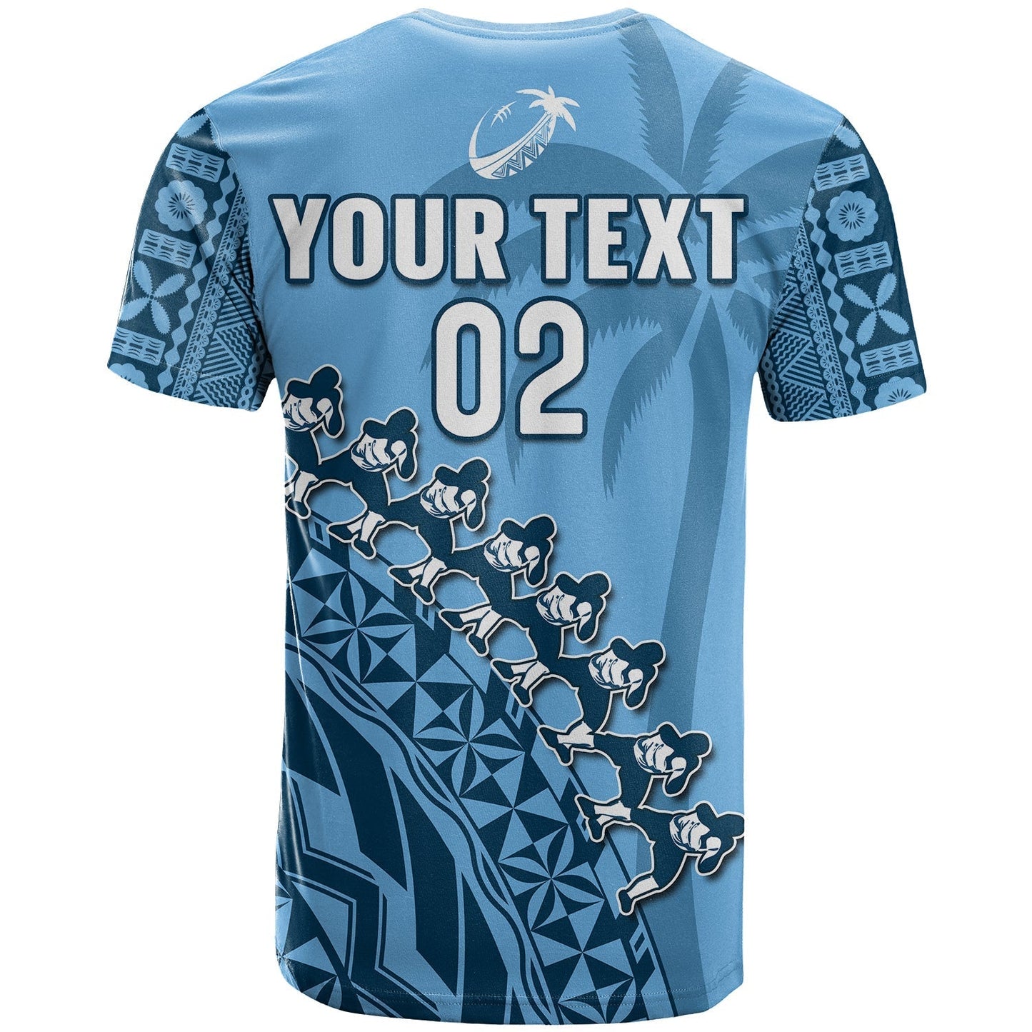 Custom Text And Number Fiji Tapa Rugby T-Shirt Fijian Cibi Dance Tapa Pattern Blue Graphic Tee