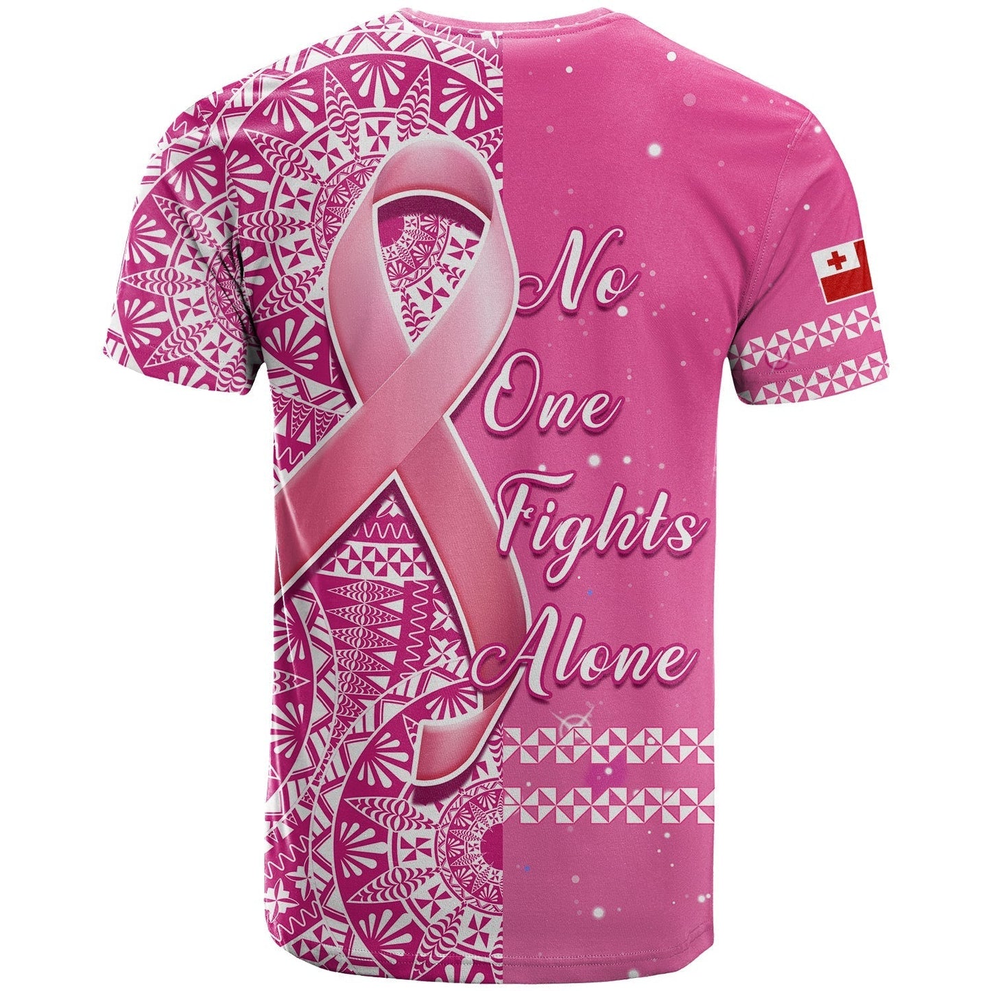 Tonga Breast Cancer T-Shirt Tongan Ngatu Pattern No One Fights Alone Graphic Tee