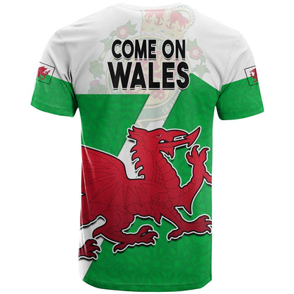 Wales Football T-Shirt Come On Welsh Dragons With Celtic Knot Pattern Graphic Tee