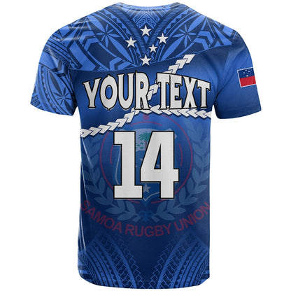 Custom Samoa Rugby T-Shirt Manu Samoa Polynesian Hibiscus Blue Style Graphic Tee