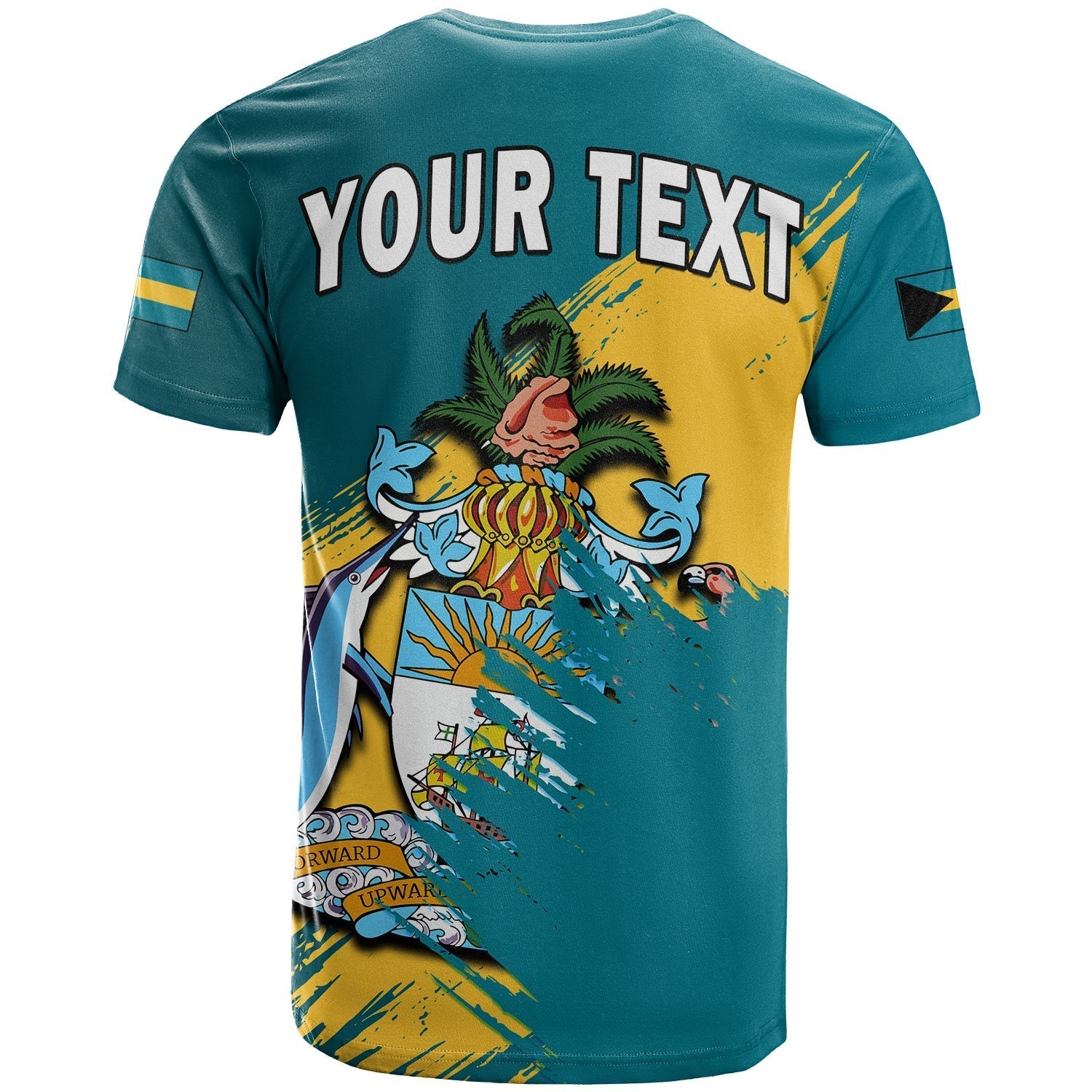 Custom Bahamas T-Shirt Blue Marlin With Bahamian Coat Of Arms Graphic Tee