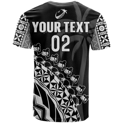 Custom Text And Number Fiji Rugby T-Shirt Fijian Cibi Dance Tapa Pattern Black Graphic Tee