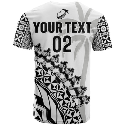 Custom Text And Number Fiji Rugby T-Shirt Fijian Cibi Dance Tapa Pattern White Graphic Tee