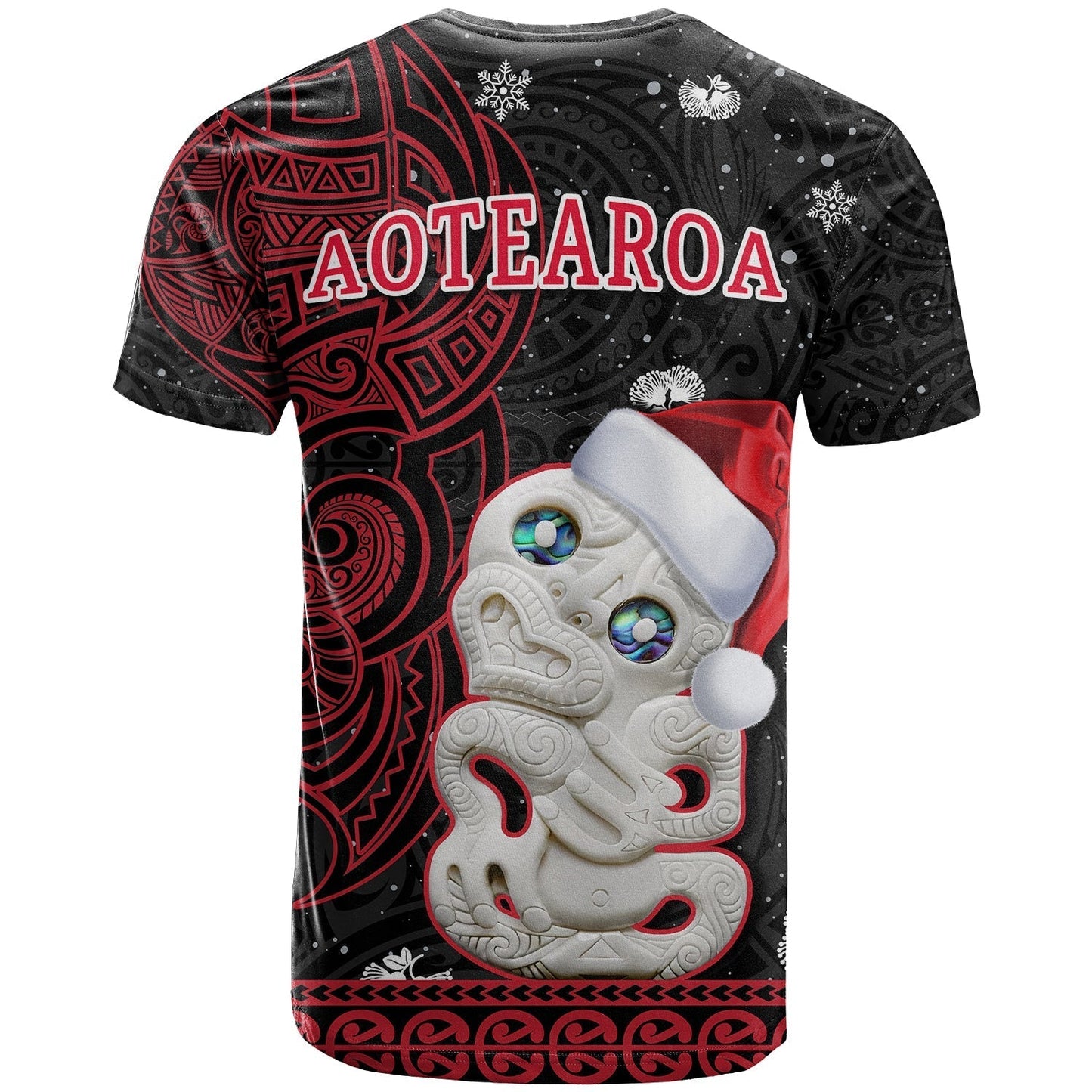 Custom New Zealand Christmas T-Shirt Hei Tiki Red Pohutukawa Meri Kirihimete Graphic Tee