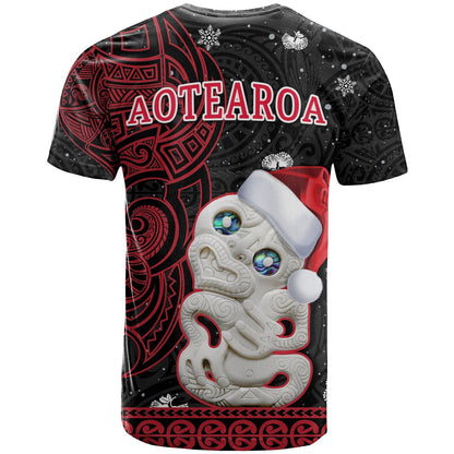Custom New Zealand Christmas T-Shirt Hei Tiki Red Pohutukawa Meri Kirihimete Graphic Tee