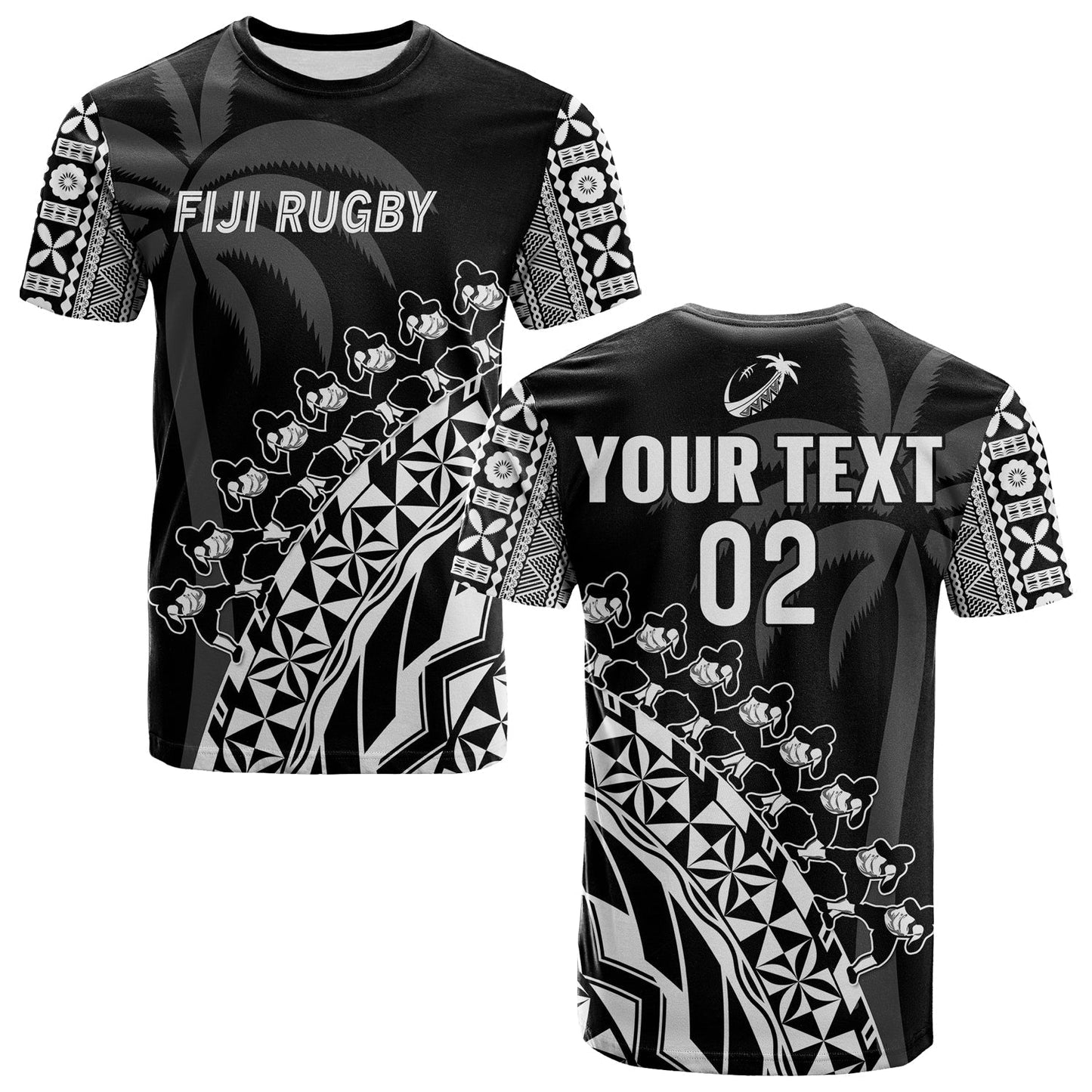 Custom Text And Number Fiji Rugby T-Shirt Fijian Cibi Dance Tapa Pattern Black Graphic Tee