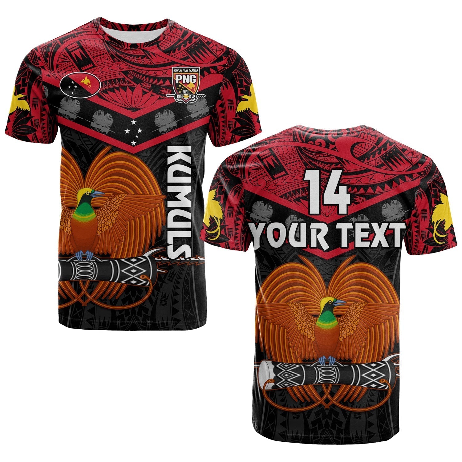 Custom Text And Number Papua New Guinea Rugby T-Shirt PNG Kumuls Bird Of Paradise Black Graphic Tee