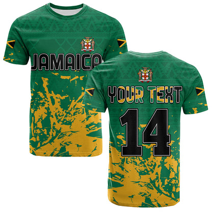 Custom Jamaica Athletics T-Shirt Jamaican Flag With African Pattern Sporty Style Graphic Tee