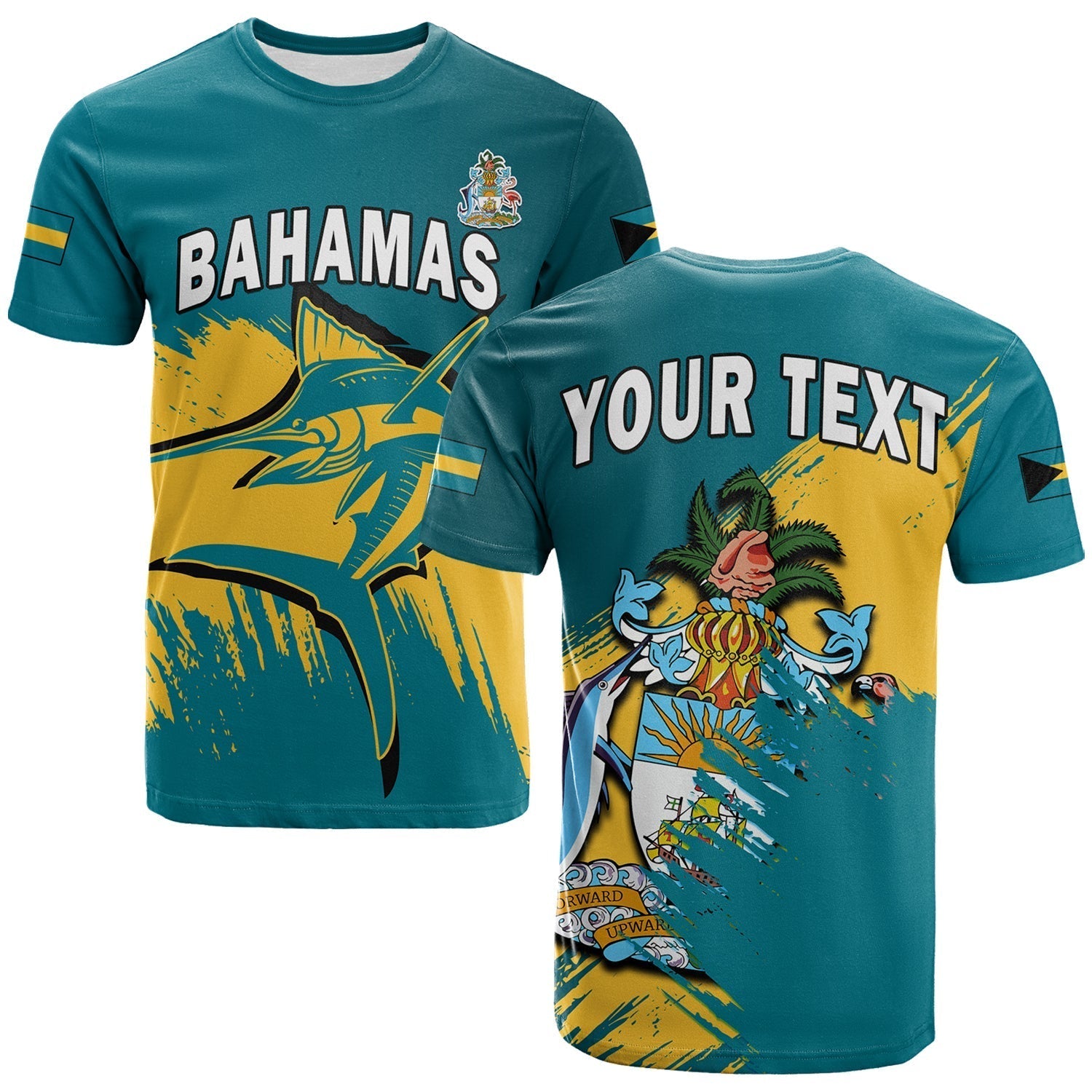 Custom Bahamas T-Shirt Blue Marlin With Bahamian Coat Of Arms Graphic Tee