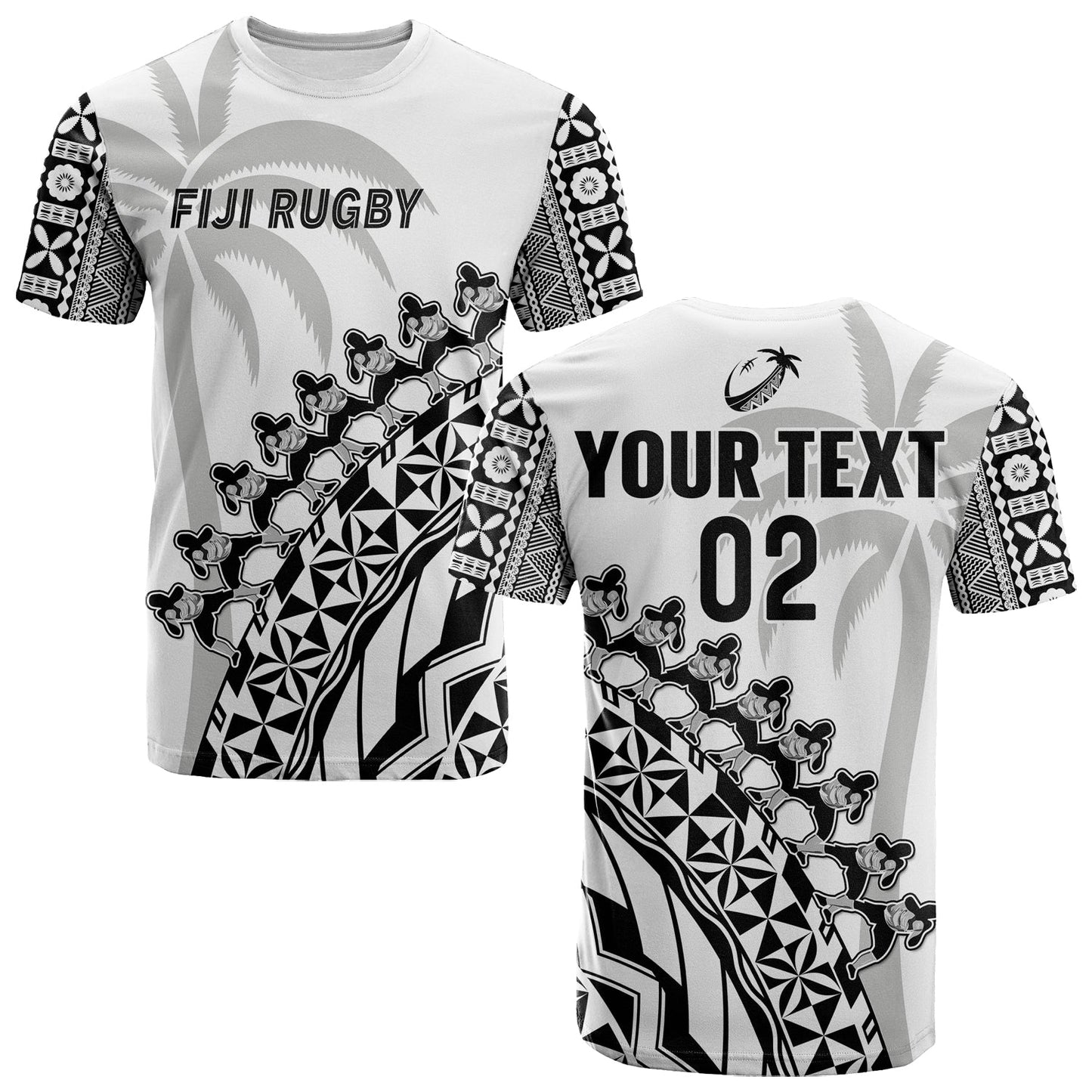 Custom Text And Number Fiji Rugby T-Shirt Fijian Cibi Dance Tapa Pattern White Graphic Tee