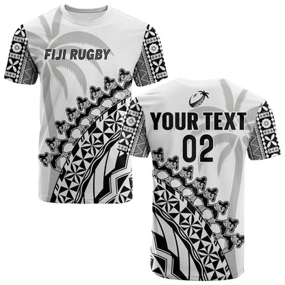 Custom Text And Number Fiji Rugby T-Shirt Fijian Cibi Dance Tapa Pattern White Graphic Tee
