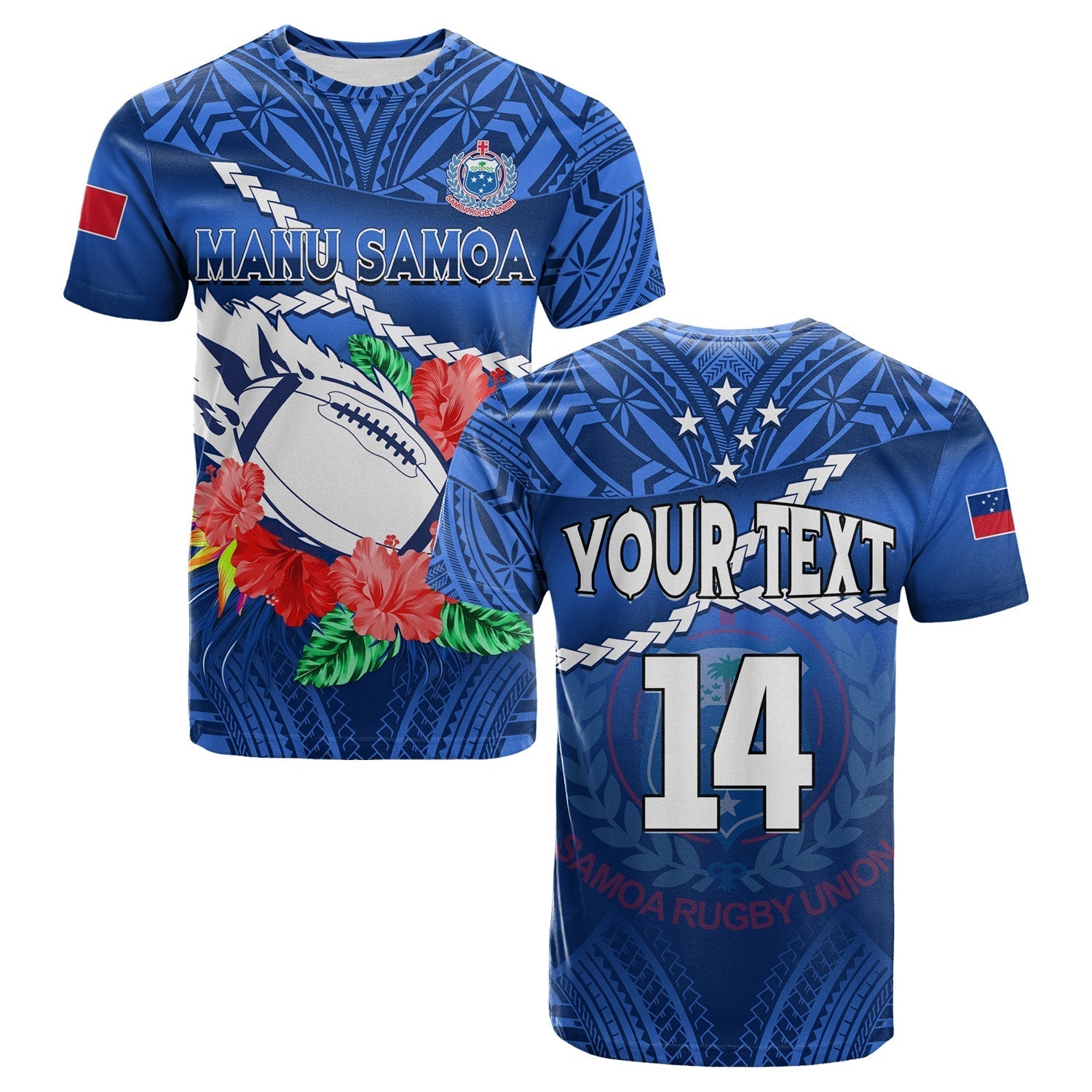 Custom Samoa Rugby T-Shirt Manu Samoa Polynesian Hibiscus Blue Style Graphic Tee